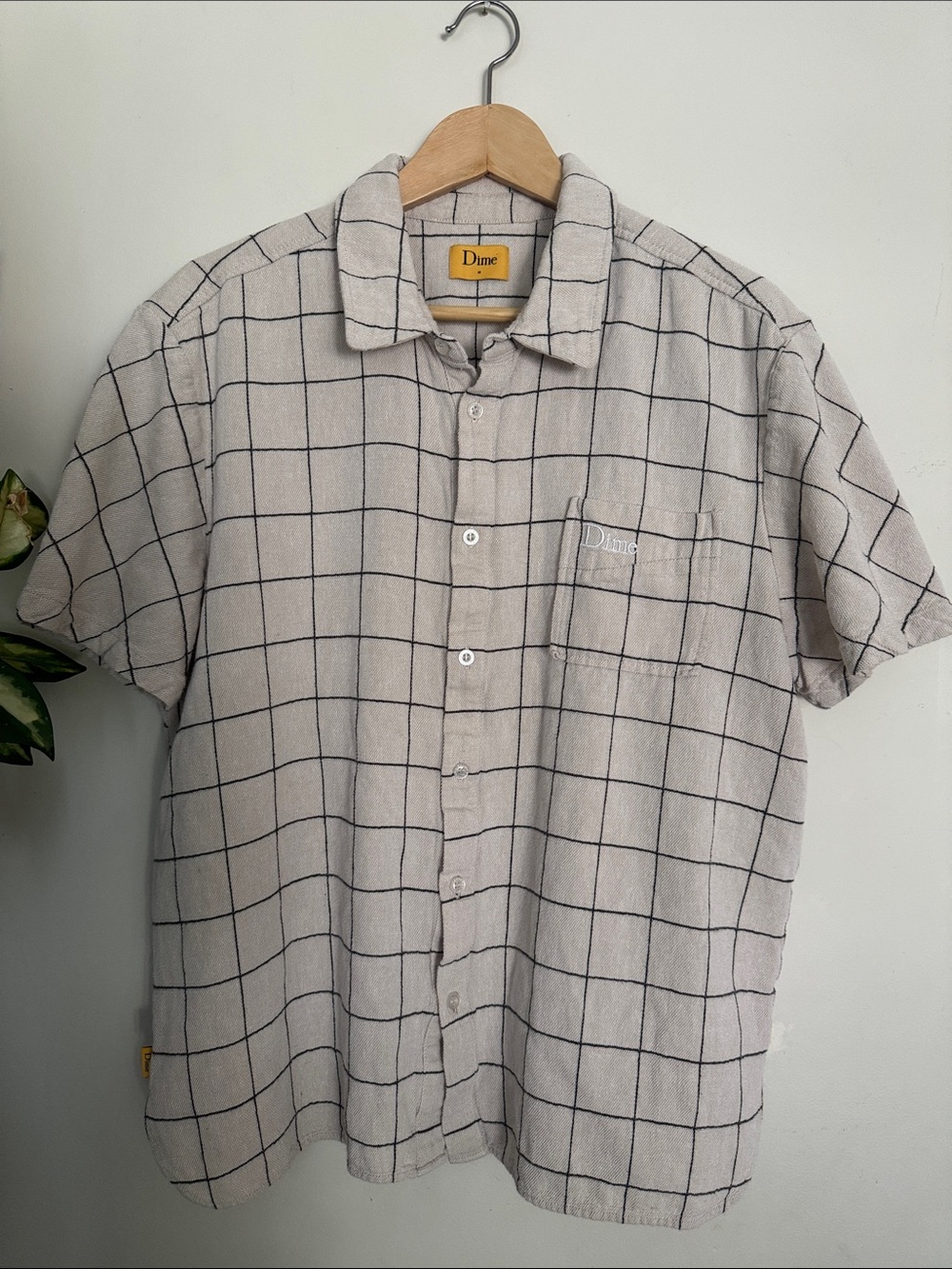 Dime Beige Windowpane Short Sleeve Button-Down Shirt
